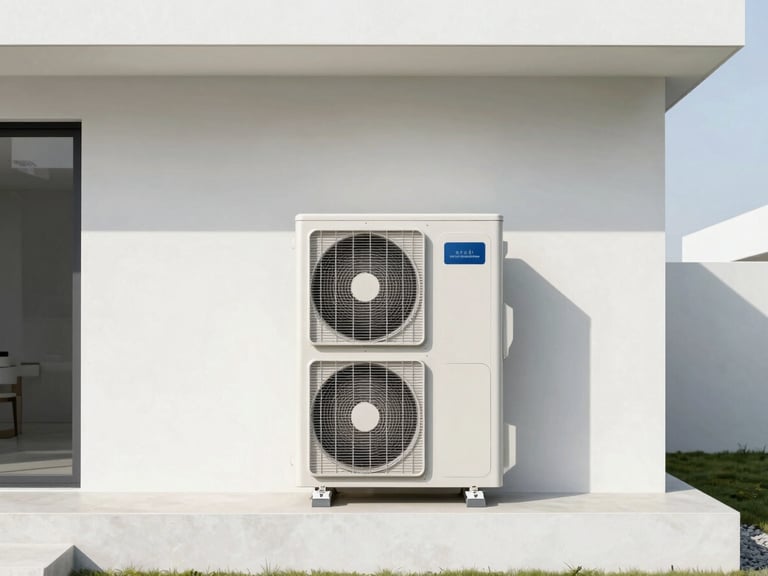 Sleek, modern heat pump outdoor unit seamlessly integrated into a minimalist new build home exterior, bright daylight, cool desaturated tones, sharp focus, 35mm