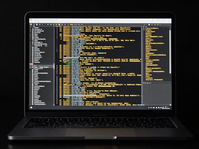 Matte black laptop displaying an encrypted data transfer interface with silver and gold lines, low-key studio lighting, 85mm