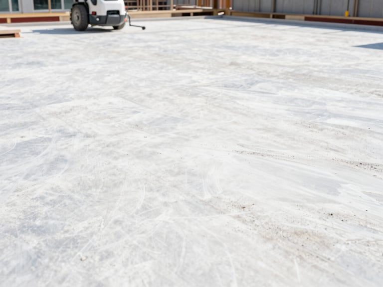 Cleaned construction site, dust-free surfaces, professional equipment in background, bright light, crisp white and soft blue tones, sharp focus, 35mm lens.
