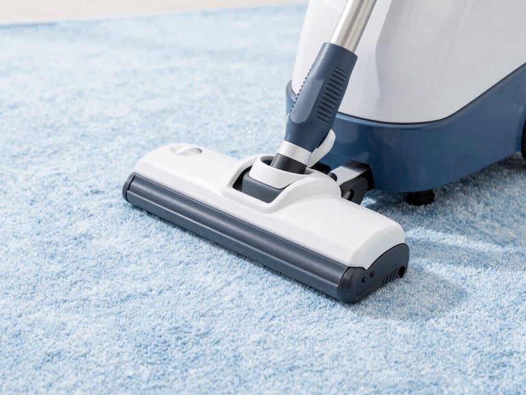 Close-up of a professional carpet extractor machine on a clean carpet, soft blue tones, bright high-key commercial photography, crisp white and soft blue tones, sharp focus, 35mm lens.