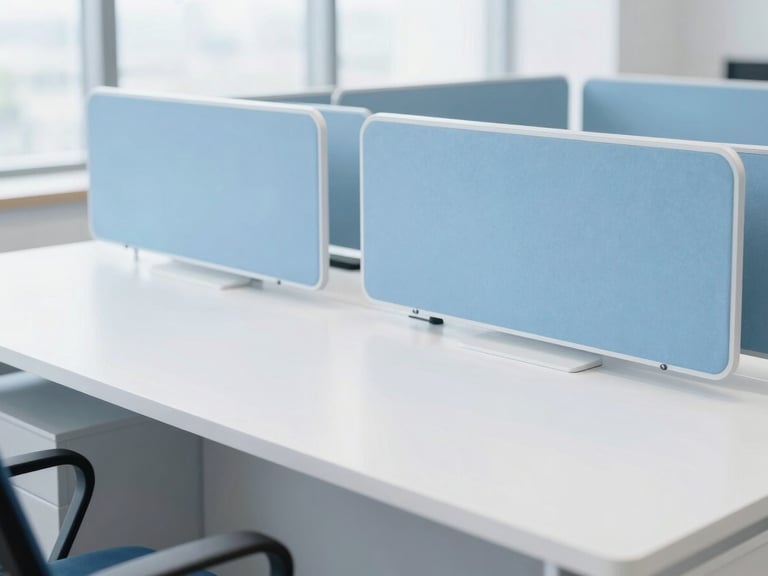 Modern office interior, clean desk, bright lighting, focus on sanitized surfaces, crisp white and soft blue tones, sharp focus, 35mm lens.