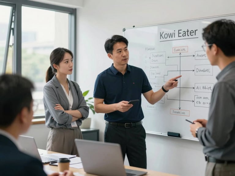 A bright offline corporate workshop in Foshan, local business owners actively discussing around a whiteboard with flowcharts, natural daylight, professional down-to-earth atmosphere