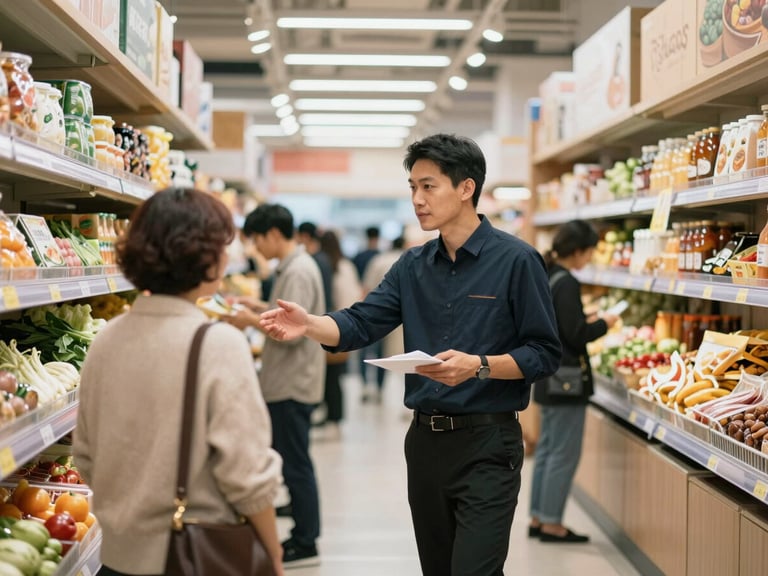 A bustling modern food market or retail store in Guangdong, clean design, manager guiding staff on customer service flow, bright interior lighting
