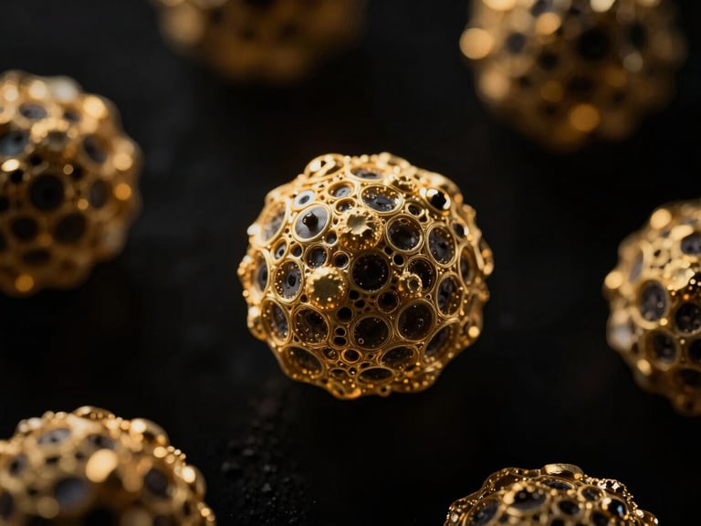 Dark luxury macro photography of golden microscopic cellular structures, high-contrast low-key lighting, deep black background, 85mm