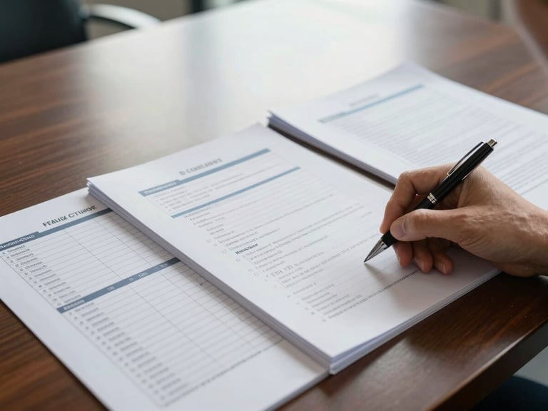 Wide-angle view from above of an open financial product manual spread across a conference table under natural window light, a hand holding a pen making notes in the margin, printed compliance checklists visible alongside, no people's faces shown