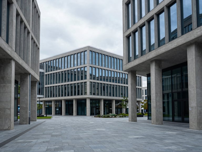 Wide architectural shot of modern civic concrete and glass architecture, soft overcast daylight, cool slate and deep blue tones, clean geometric lines, 35mm lens.