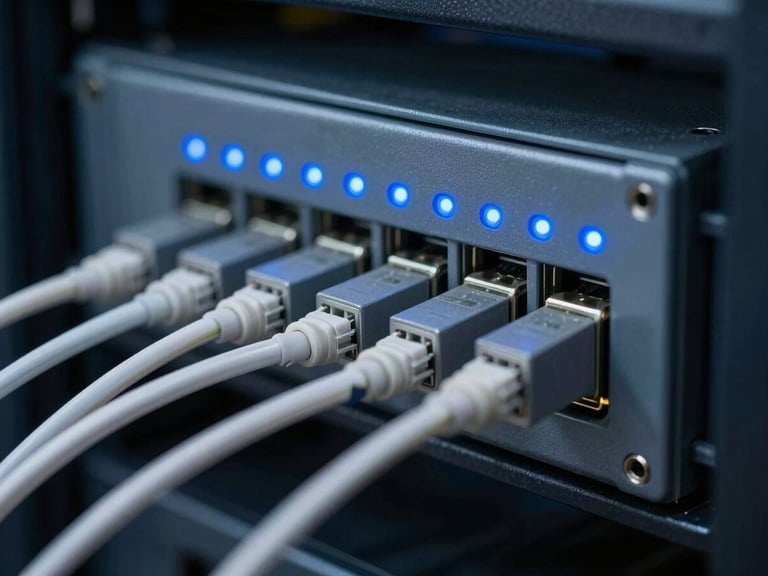 Macro detail of a secure optical fiber patch panel in a dark server rack, subtle blue status LEDs, sharp technical focus, 35mm
