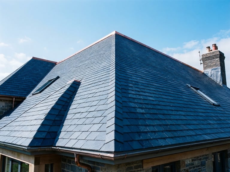 Low-angle architectural shot of a newly installed deep blue slate roof under bright direct daylight, clean shingle alignment, sharp focus, 35mm