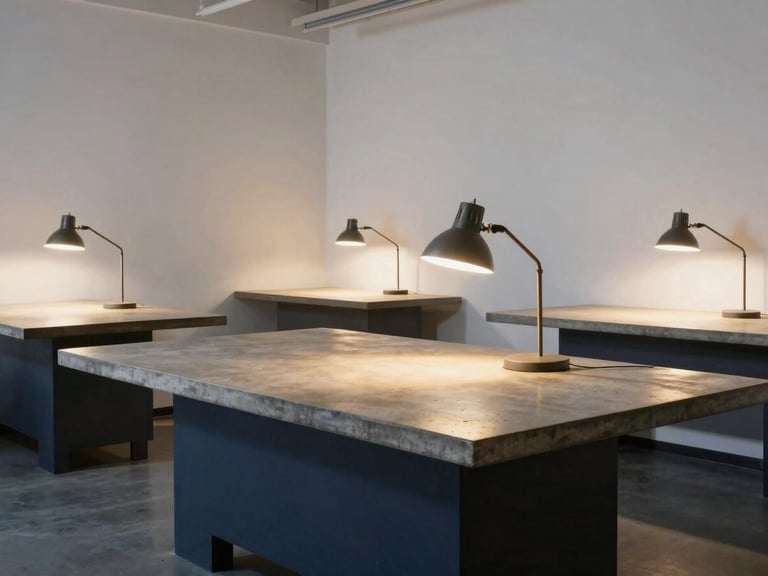 Wide environmental shot of an architectural design studio workspace, large concrete table, drafting lamps, clean white walls, sharp geometric shadows, warm side-lighting