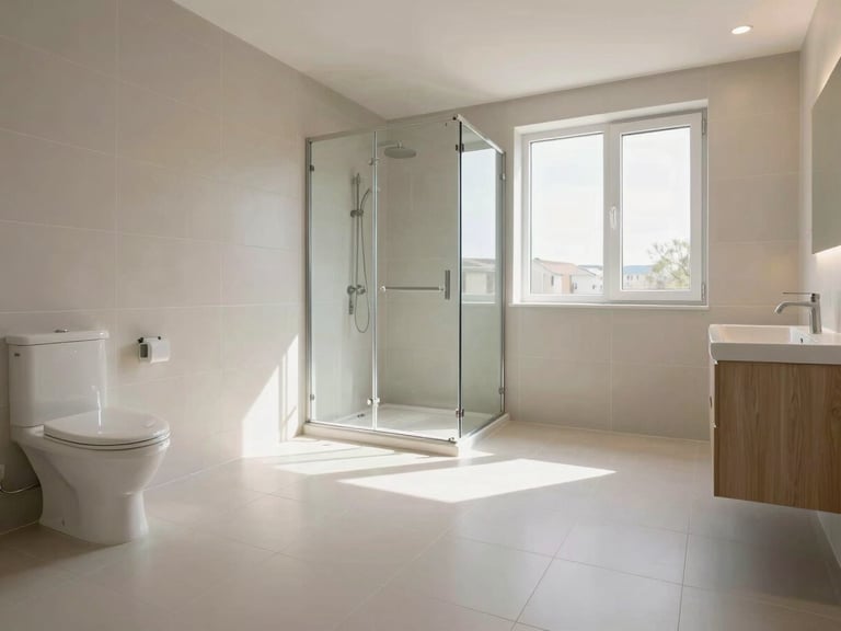 Completed Turin apartment bathroom after full renovation: large-format matte porcelain tiles floor-to-ceiling, recessed LED lighting, frameless glass shower enclosure, pristine white sanitary ware, natural daylight, no people