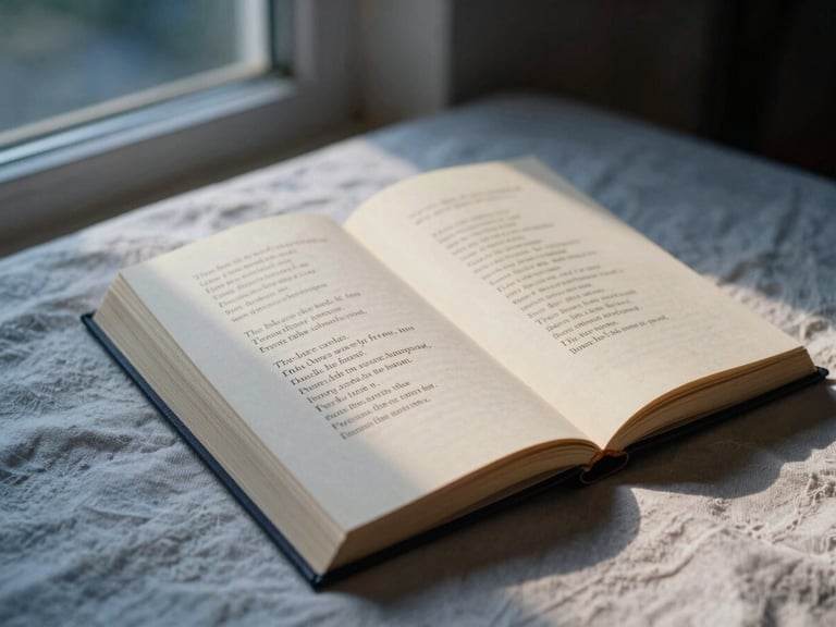 A poetry book lying open on a soft linen sheet, showing elegant typography on textured cream paper, lit by warm evening light.