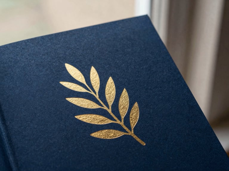 A beautifully designed book cover with minimalist gold foil olive branch illustration on a deep night-blue textured paper background, soft side lighting.