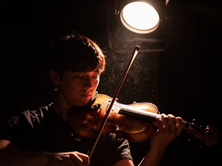 High-contrast cinematic close-up of a violinist performing under a single warm copper spotlight, dust particles visible in the air, deep black background