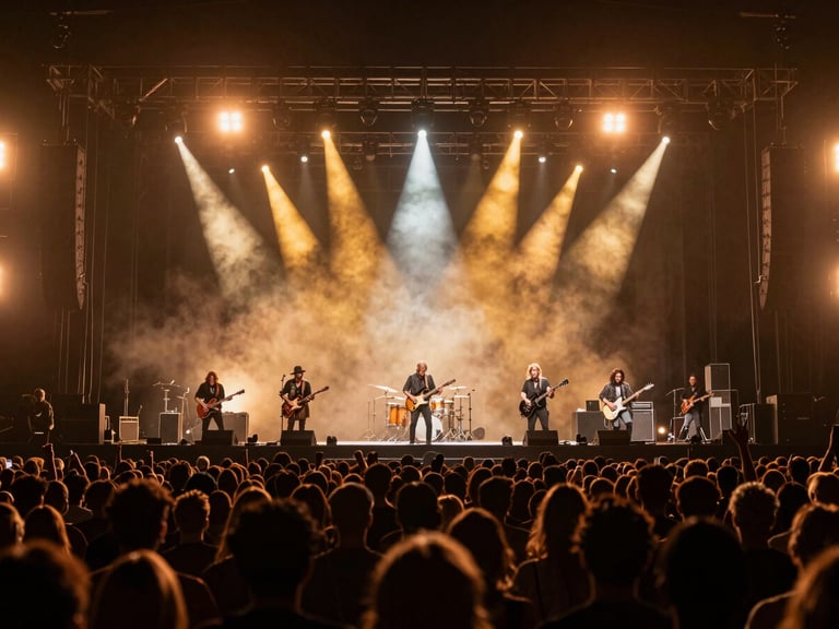 Cinematic wide shot of a massive concert stage with a folklore band performing, golden spotlights cutting through haze, huge crowd silhouettes in the foreground, high-contrast, 35mm.