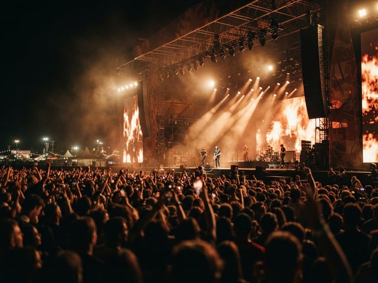 Cinematic wide shot of a massive outdoor festival stage at night, dramatic warm copper spotlights cutting through deep shadows, a packed crowd blurred in the foreground, 35mm photography