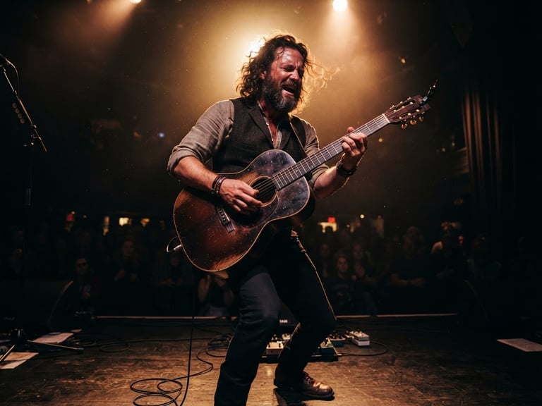 Dynamic low-angle shot of a folklore guitarist performing passionately under warm gold spotlights, dust visible in the air, deep shadows, cinematic 35mm
