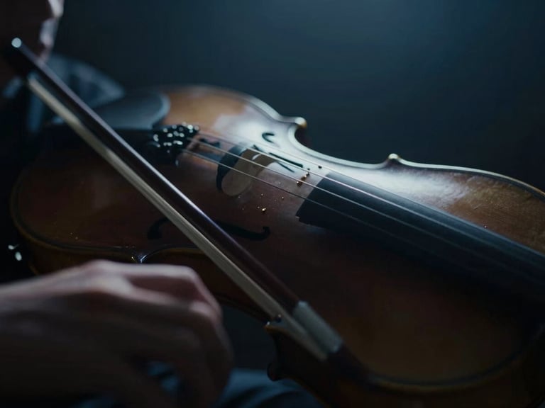Dramatic chiaroscuro close-up of violin bows in motion, catching soft atmospheric backlighting, deep midnight blue tones, soft focus.