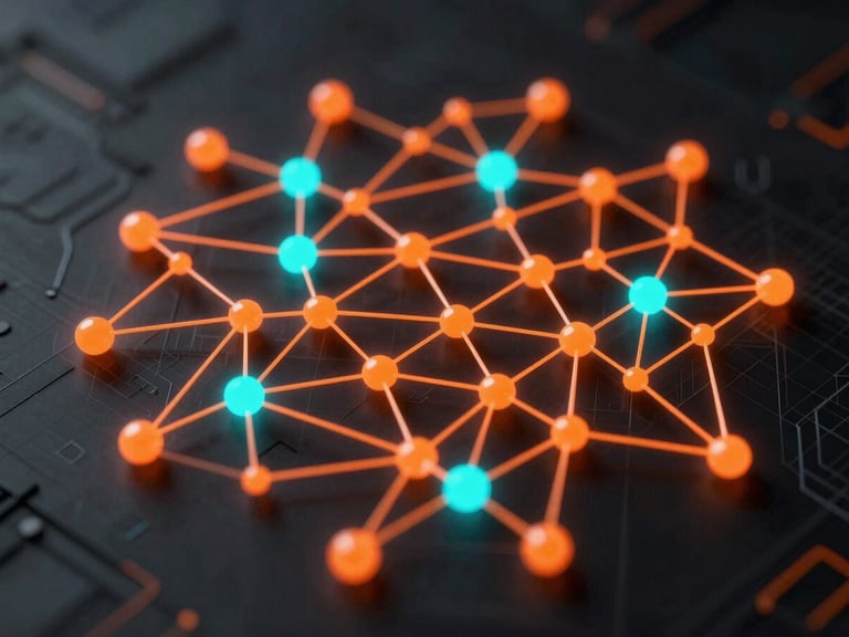 Abstract vector schematic of an AI neural network, nodes glowing neon orange and cyan, dark background, precise grid lines.