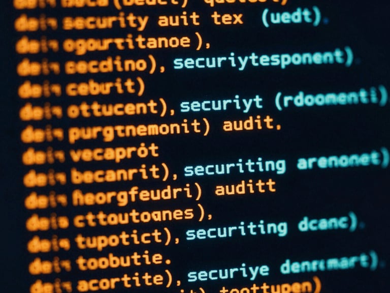 Terminal interface displaying security audit logs, monospace font, neon orange and cyan syntax highlighting, deep shadows.