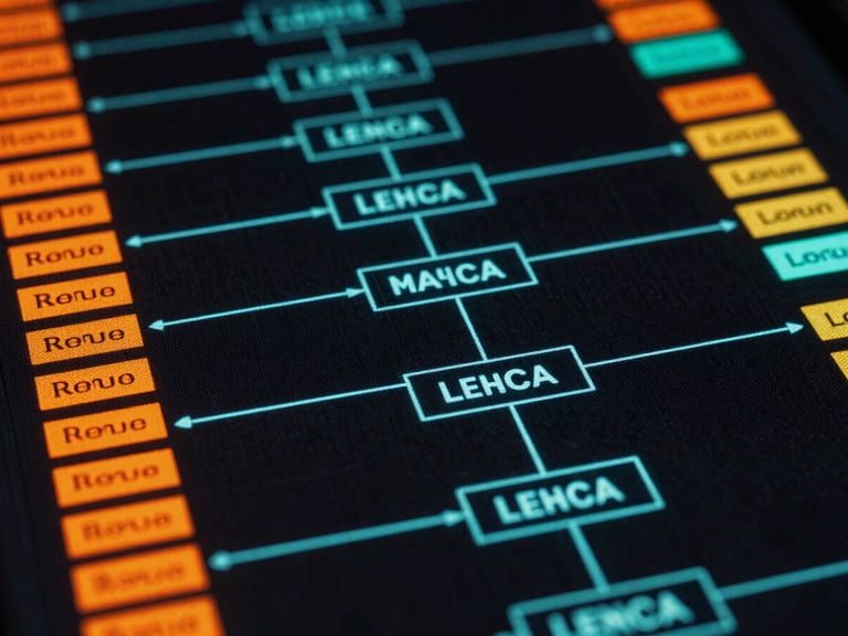 High-contrast diagram of a blockchain ledger, data blocks connected by neon cyan lines, dark background, technical orthographic view.