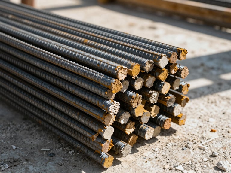 Close-up of raw ribbed steel rebar stacked on a construction site, warm natural Yucatecan sunlight casting sharp shadows, 35mm
