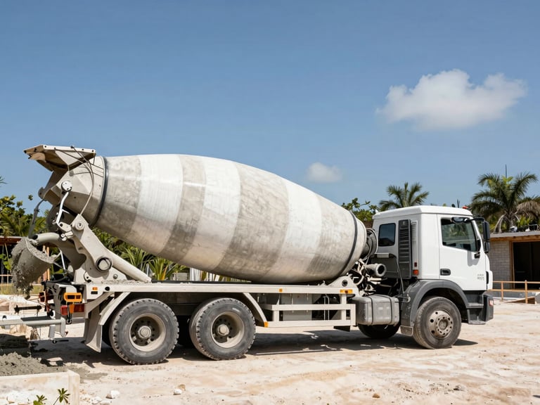 Wide-angle architectural shot of a concrete mixer truck pouring fresh concrete at a luxury construction site in Tulum, bright natural sunlight, high-contrast shadows, 35mm.