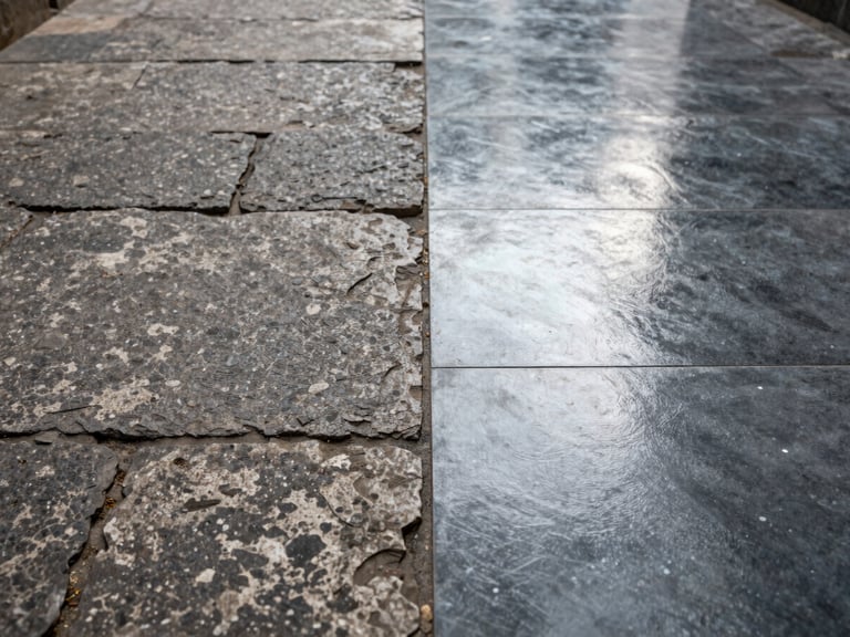 High-contrast split view of a commercial stone floor: the left half is weathered and dull, while the right half is polished to a flawless mirror shine.