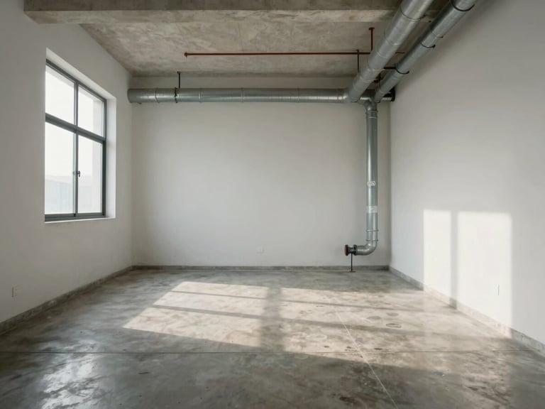 A pristine, organized commercial utility room with polished concrete floors and neatly labeled pipes, bright daylight, architectural lines