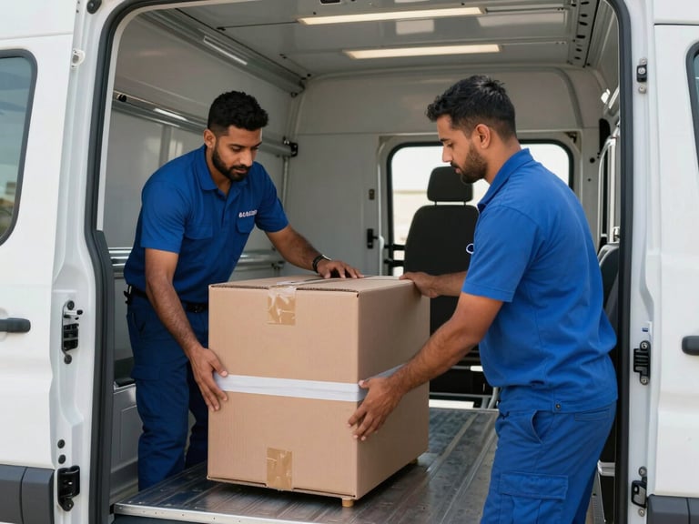 A professional uniformed moving crew member in blue attire carefully securing a double-walled box inside a clean, modern, well-lit transport vehicle in Abu Dhabi, bright natural UAE daylight.