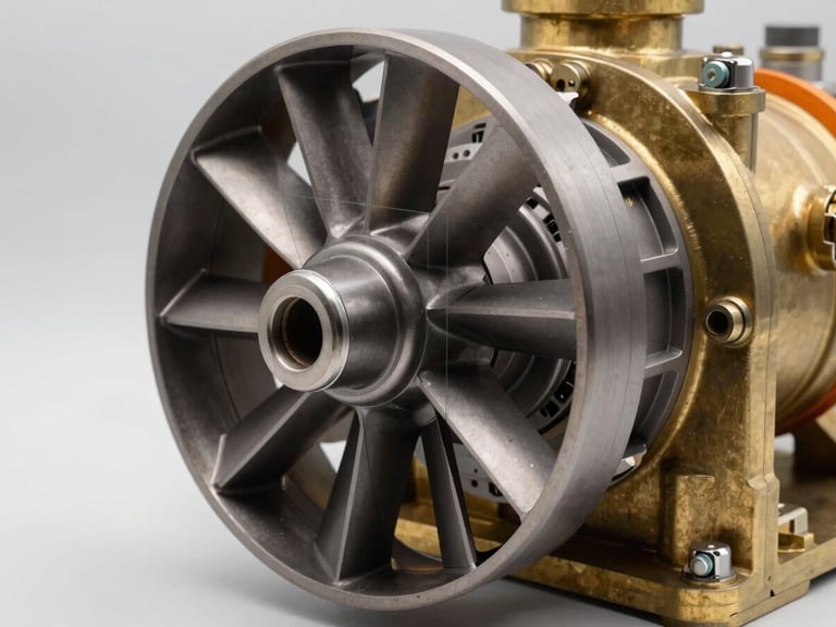 Technical line drawing of a centrifugal pump impeller overlaid on a real photo of a brass housing, cool industrial studio lighting