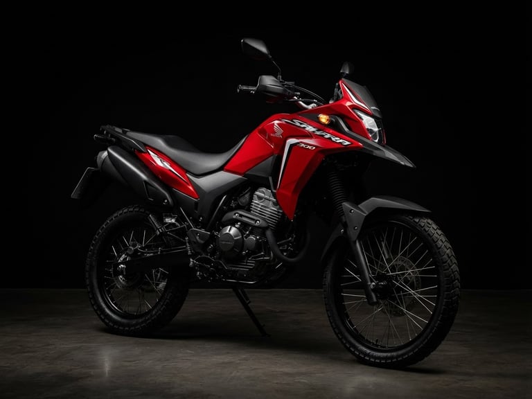 Studio shot of a red Honda Sahara 300 motorcycle, dramatic lighting, deep black background, sharp focus, 85mm
