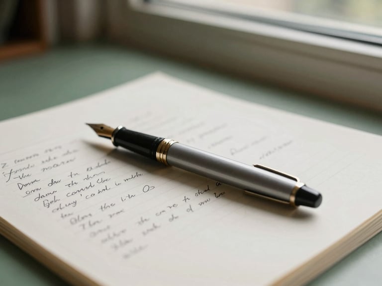 A tactile workspace detail featuring a fountain pen resting on a marked-up draft with handwritten edits, soft daylight, 35mm