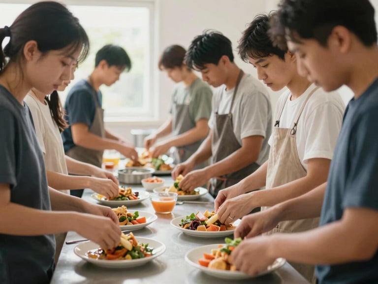 Community members preparing food together in a clean, bustling kitchen, natural daylight, candid medium shot, warm organic tones