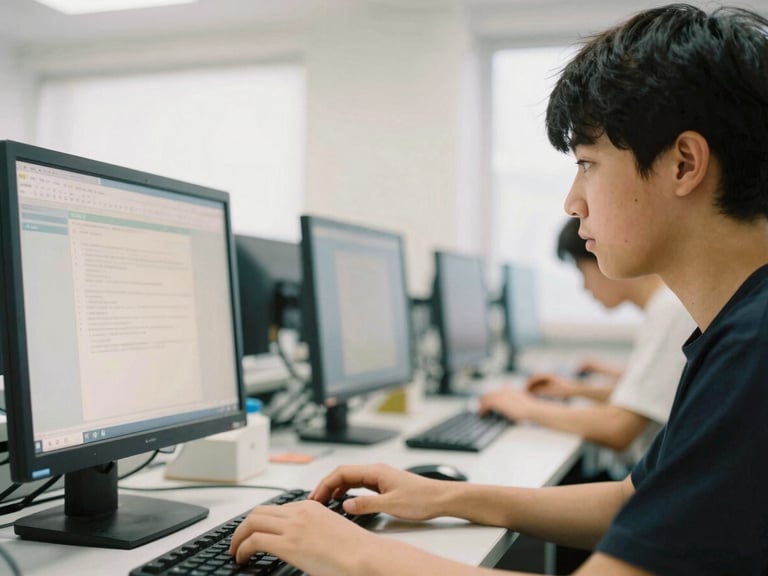Young person focused on a computer screen in a brightly lit digital lab, hands on keyboard, candid framing, natural bright daylight, warm organic tones, 35mm lens