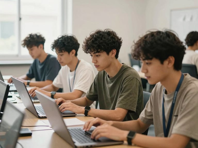 Young adults collaborating on laptops in a brightly lit, modern digital lab, natural daylight, candid medium shot, warm organic tones
