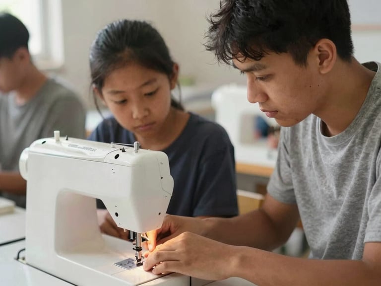 A young mentor guiding another youth on a sewing machine in a vocational workshop, natural daylight, candid close-up on hands, warm organic tones