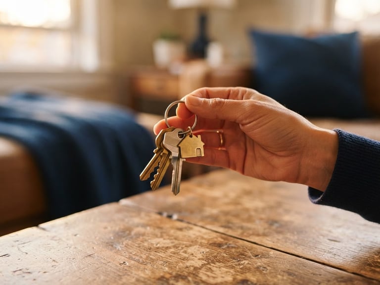 Hands holding a set of house keys with a small brass keychain, warm natural golden hour light reflecting on a wooden table, soft focus background.