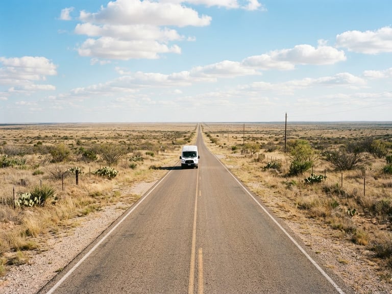 Wide environmental shot of a flat rural Texas road stretching to the horizon under bright natural sunlight, a white logistics van visible in the distance.