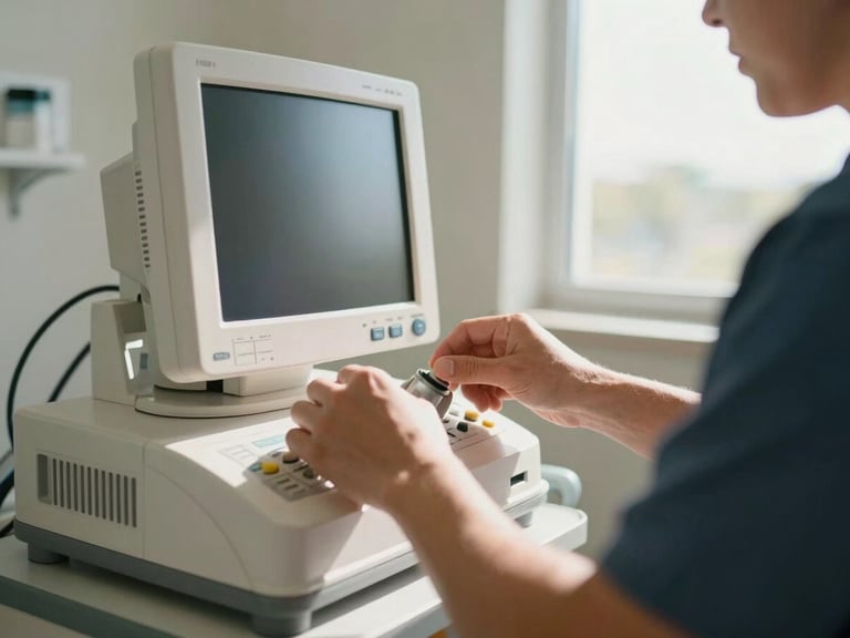 A close-up of a technician's hands carefully calibrating a medical monitor inside a bright, clean Texas clinic, warm sunlight streaming through a window.