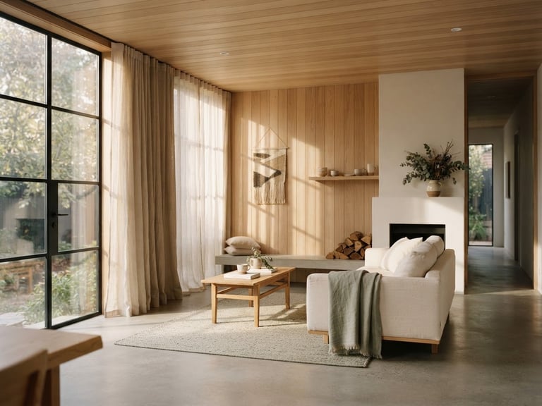 Wide environmental architectural shot of a sun-drenched minimalist room with light oak paneling, raw linen curtains, and soft morning window light casting long shadows