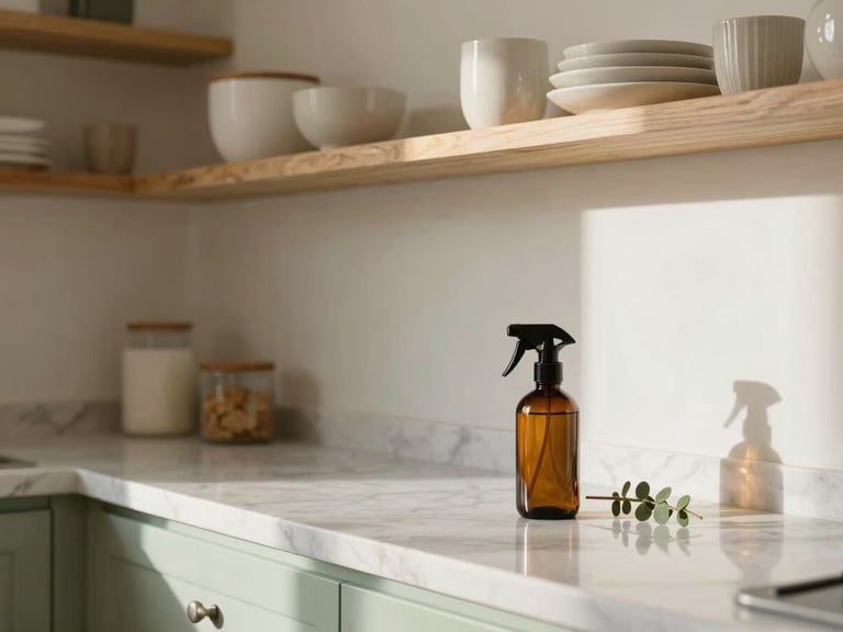 An immaculate, bright kitchen with gleaming marble countertops, organized wooden shelves, and a single amber glass spray bottle with a botanical sprig beside it, soft daylight