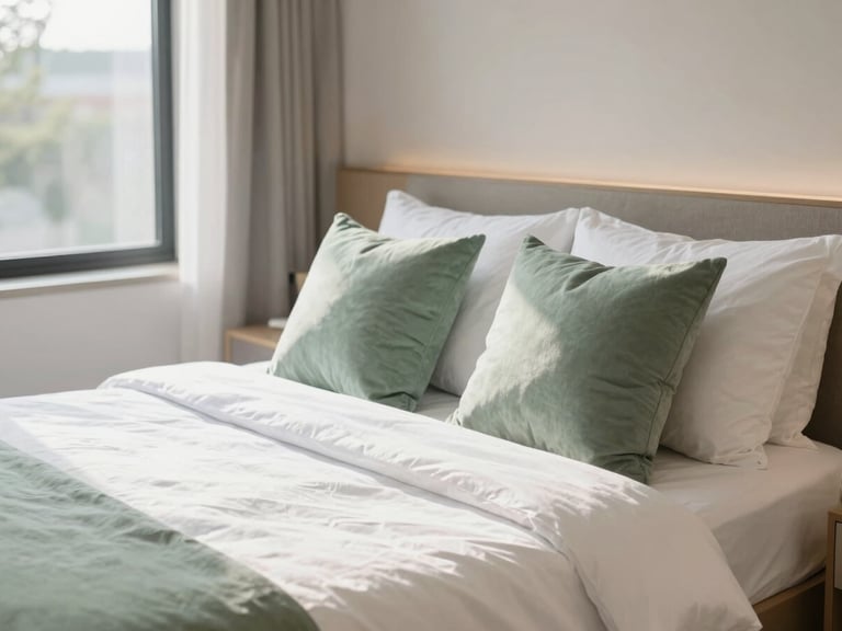 A beautifully staged modern Airbnb bedroom, crisp white linens, natural sunlight streaming through a window, soft sage green accent pillows, 35mm photography