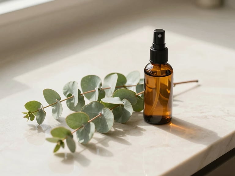Bright editorial photography of fresh eucalyptus leaves resting beside an amber glass spray bottle on a sunlit marble countertop, soft natural daylight, warm beige and sage green tones, shallow depth of field, 35mm