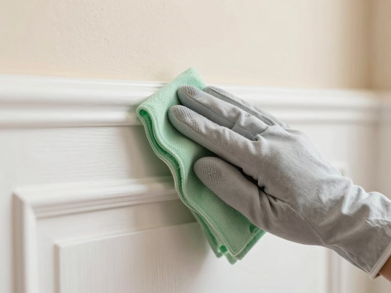 Close-up of a hand in a soft gray cotton glove wiping an immaculate white wooden baseboard, soft warm natural light, shallow depth of field
