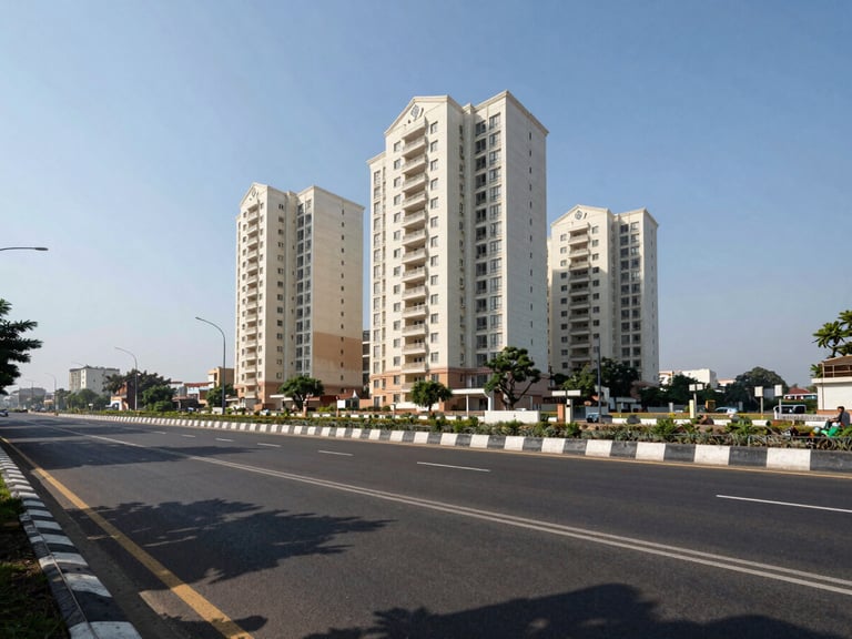 Architectural wide-angle shot of a broad six-lane urban road in Faridabad Sector 89 under clear midday light, high-rise residential block visible at the far end, road markings crisp, no pedestrians, daylight only