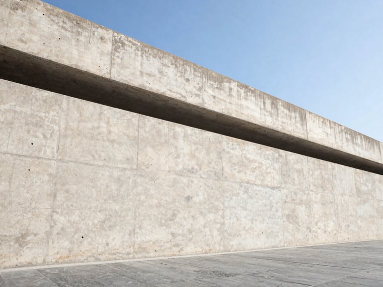 Low-angle architectural photograph of a heavy concrete retaining wall, integrated drainage visible, crisp textures, bright direct sunlight.