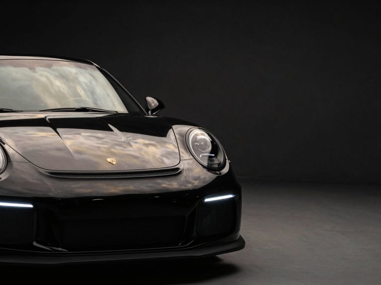 Low-key, high-contrast studio shot of a black Porsche 911 GT3, soft golden reflections on the metallic curves, dark minimalist background, negative space on the right.