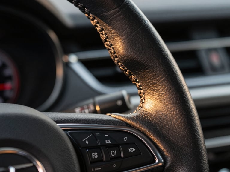Macro extreme close-up of a luxury car steering wheel crest, hand-stitched leather texture, soft golden dashboard lighting, dark moody atmosphere.