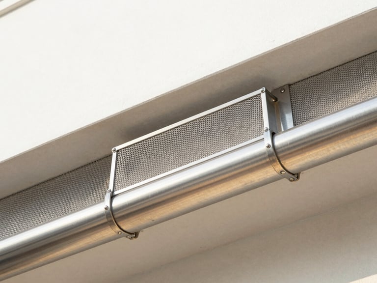 Macro close-up of a high-quality stainless steel micro-mesh gutter guard installed on a seamless gutter, clean joints, natural daylight.