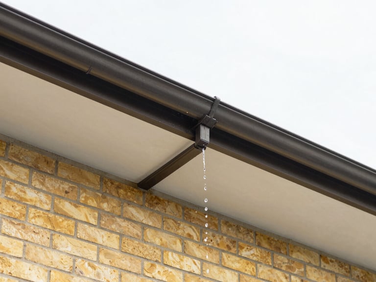 Slightly low-angle architectural shot of a clean roofline with seamless dark gutters directing heavy rain runoff safely away from a brick foundation.